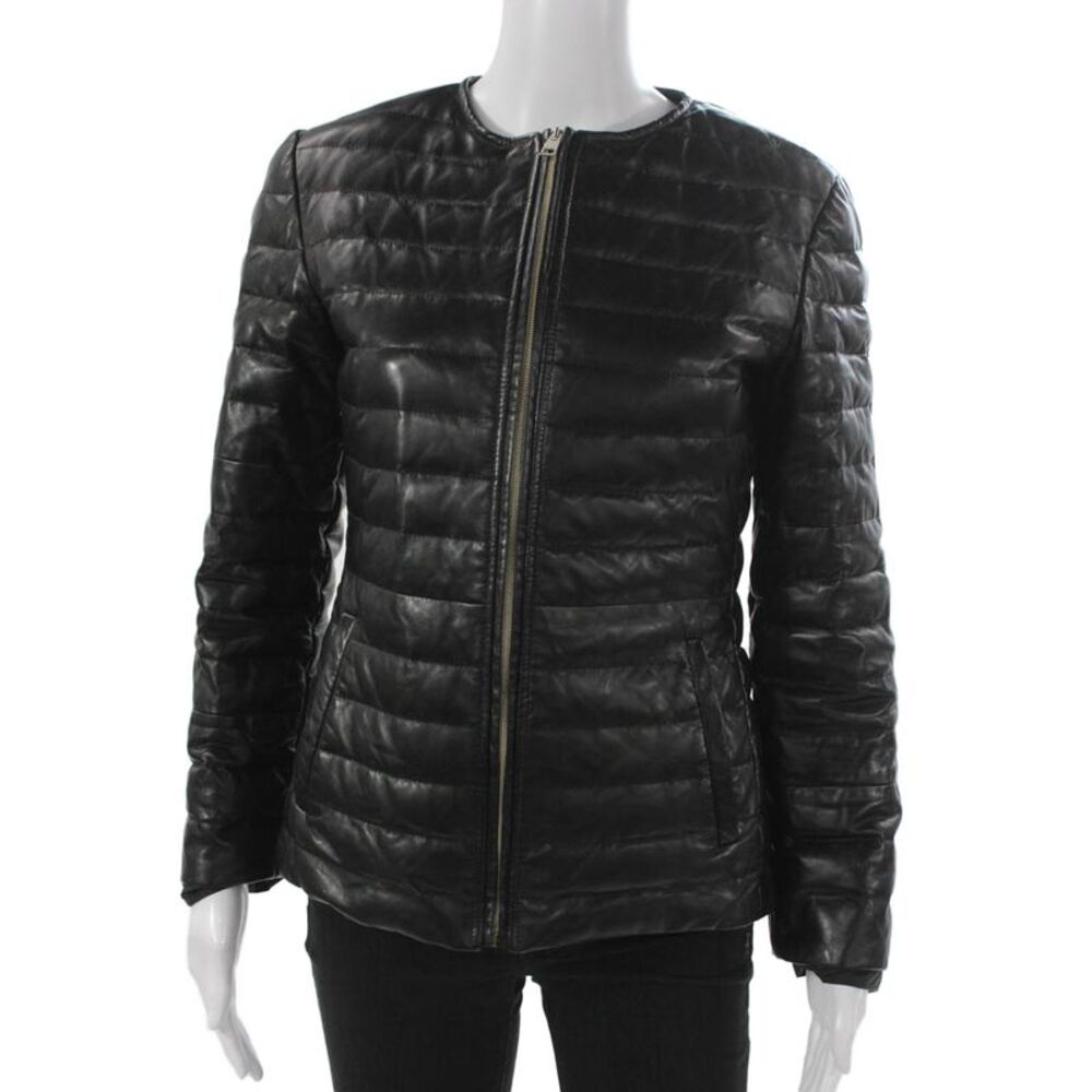 Calzaiuoli Womens Puffer Jacket Black Leather Zip Long Sleeve Size 42